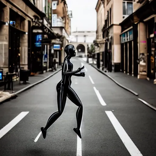 Image similar to a mannequin running down the street