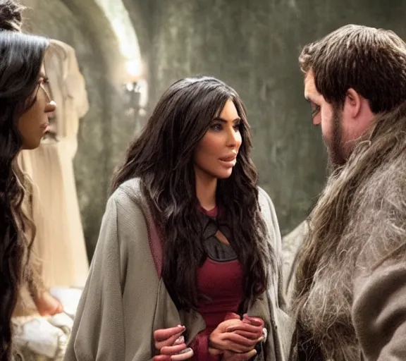 Image similar to a movie still of kim kardashian speaking to hagrid in the movie harry potter