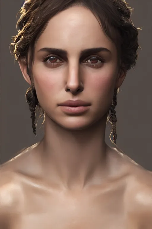 Image similar to Nathalie Portman portrait, loving amber eyes, a shy face, looking at camera, unreal 5, hyperrealistic, octane render, Regal, Refined, Detailed Digital Art, RPG portrait, William-Adolphe Bouguereau, Michael Cheval, dynamic lighting, Highly Detailed, Cinematic Lighting, Unreal Engine, 8k, HD