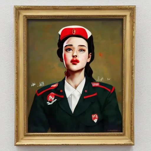 Image similar to oil paining of twentytwo year old female character with cat ears wearing soviet era uniform, wearing a tshirt with a face of karl marx on it, in the style of krenz cushart