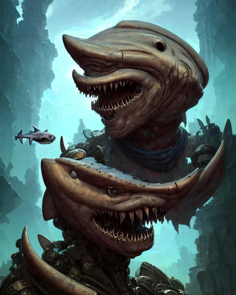 Image similar to full - face close - up portrait, muscular street shark hammerhead shark wearing a tattered cloth robe and goggles by bruce brenneise and peter mohrbacher, ancient ruins in the background, 3 d render, neosurrealism. digital concept art, pixel art, rendered in octane, trending on cgsociety, trending on artstation