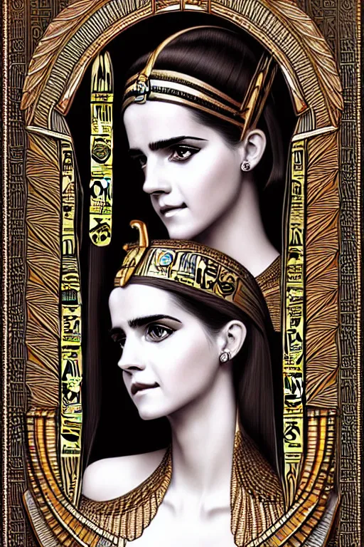 Image similar to Cleopatra portrait, Emma watson, intricate art deco leaf designs elegant highly detailed egyptian patterns hieroglyph sharp focus art by artgerm