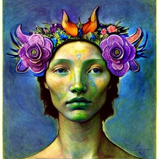 Image similar to the flower crown, by annie swynnerton and nicholas roerich and diego rivera, bioluminescent skin, tattoos, wings made out of flowers, elaborate costume, geometric ornament, symbolist, cool colors like blue and green and violet, smooth, sharp focus, extremely detailed