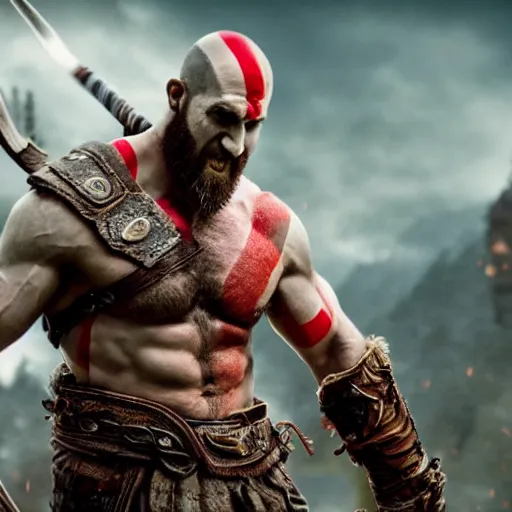 Prompt: ryan reynolds as kratos from god of war, holding a javelin, aggressive face, epic, cinematic shot, ultra realstic, 8 k