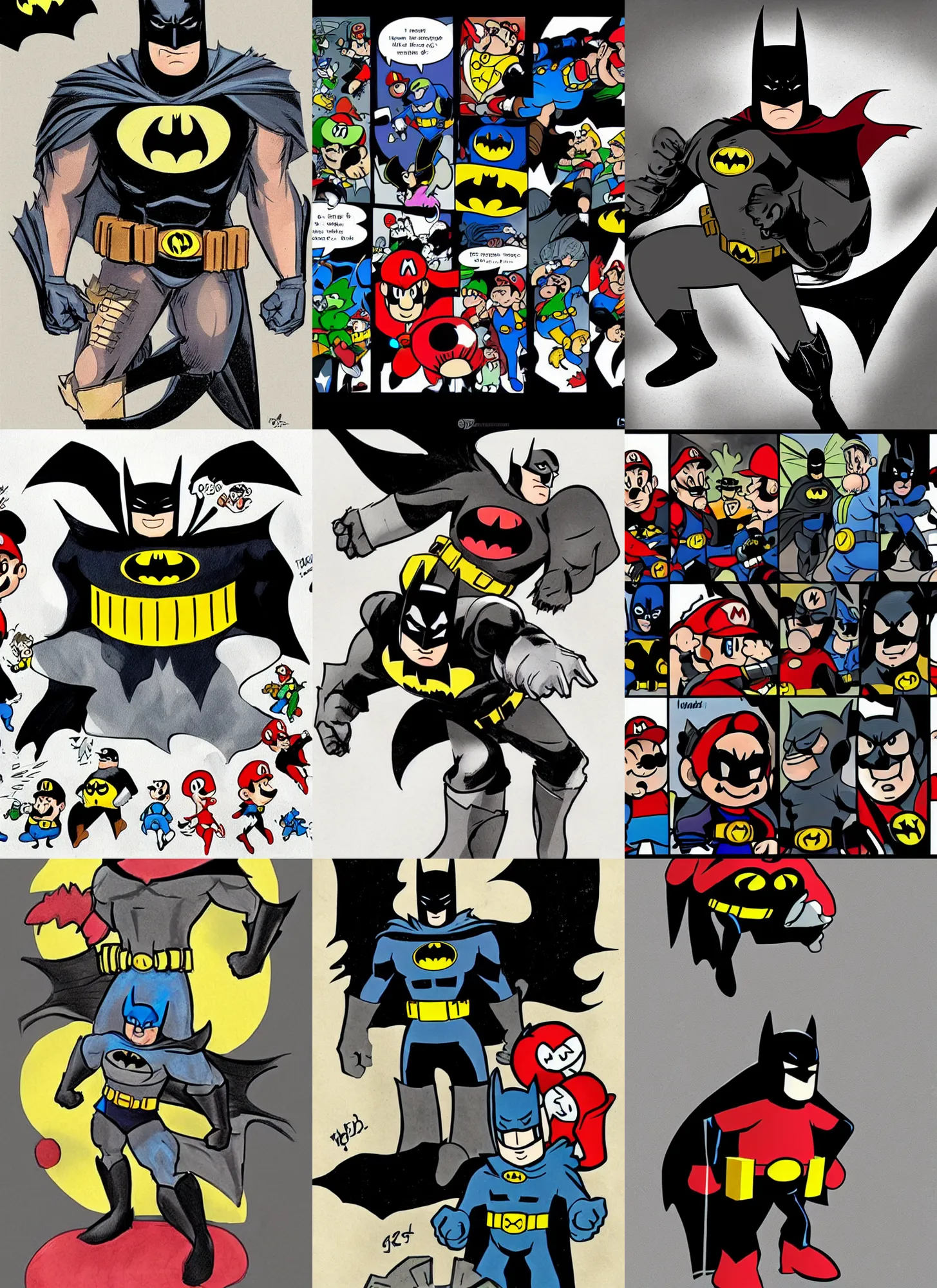 Prompt: batman and mario fusion, comics concept art