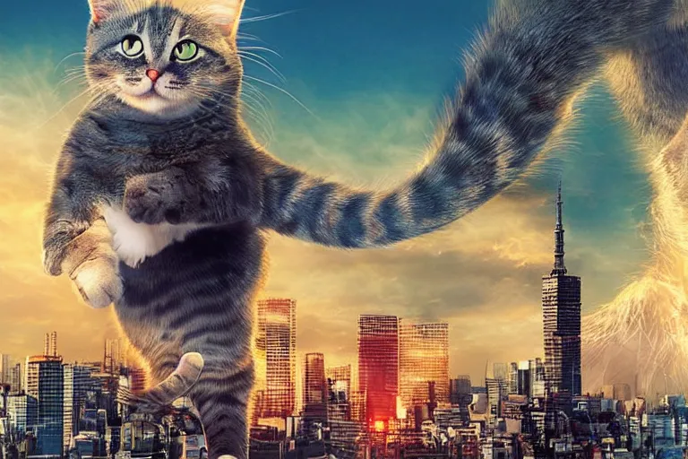 Image similar to cat attacking Tokyo, disaster movie poster, masterpiece, masterwork, cgstudio