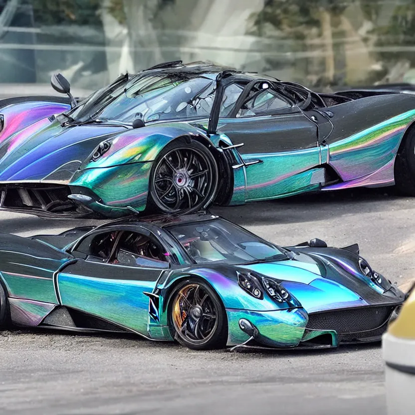 Prompt: close - up of an iridescent rainbow pagani huayra after crashing into a swimming pool, 4 k, highly detailed, award winning, look at all that detail!