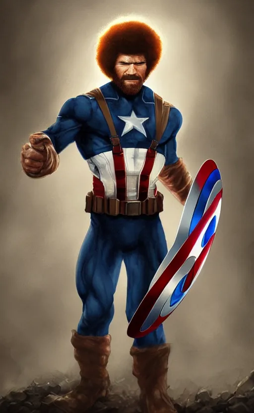 Image similar to bob ross as captain america, dynamic lighting, cinematic, ultra detailed, trending on art station, stunning visuals, creative, fantasy concept art