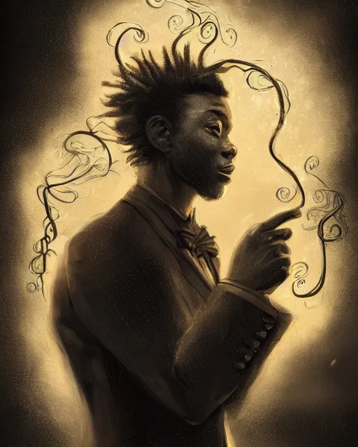 Image similar to a highly detailed portrait of black male magician radiating a powerful energy aura, ornate back tuxedo, wispy tendrils of smoke, intricate, digital painting, old english, raining, sepia, particles floating, whimsical background by marc simonetti, artwork by liam wong