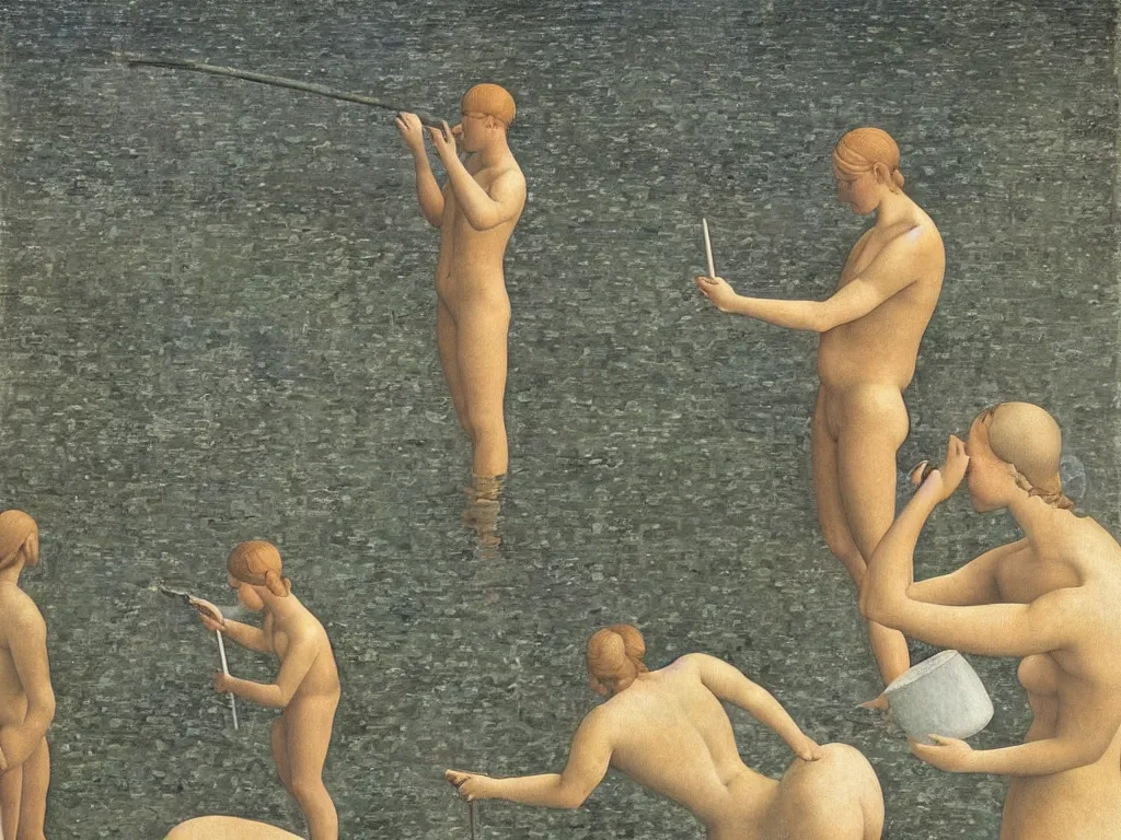 Prompt: Painter washing his brush in the river. Giant fishes. Painting by Alex Colville, Piero della Francesca.
