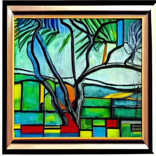 Image similar to a framed painting of a beautiful piet mondrian tropical landscape