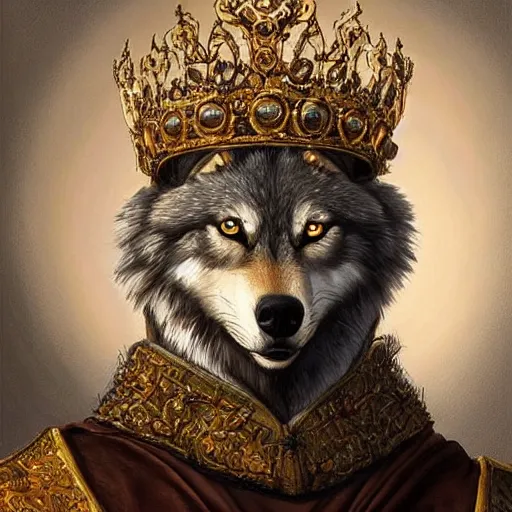 Image similar to “an oil painting portrait of a wolf wearing medieval royal robe and an ornate crown on a dark background” digital Art, concept Art, highly detailed, 3-D 4K, trending on art station, Award winning, Mark Brooks,