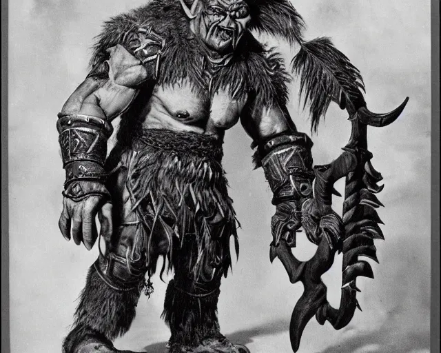 Image similar to vintage photograph of a real fantasy orc chieftain, tall, muscular, sharp fangs and tusks, big arms, big hands, big feet, armored, tribal paint, highly detailed