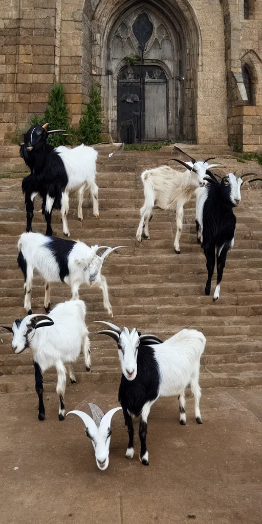 Prompt: goats outside of a cathedral, trending on artstation