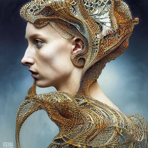 Prompt: queen of jupiter by iris van herpen, alphonse mucha, zdzisław beksinski, raymond swanland, alexander mcqueen. highly detailed!, hyper - real, beautiful!