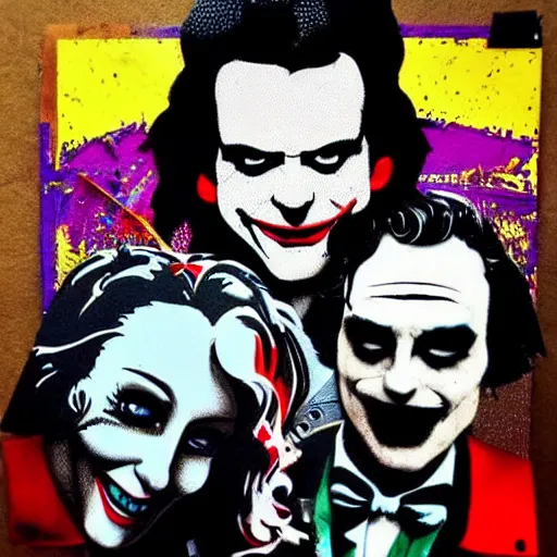 Image similar to mimmo rottela and banksy as joaquin phoenix skinny joker holding hand lady gaga harley queen, ultra photorealistic, intricate details, pop art style, concept art, 3 colors, 4 d, smooth, sharp focus