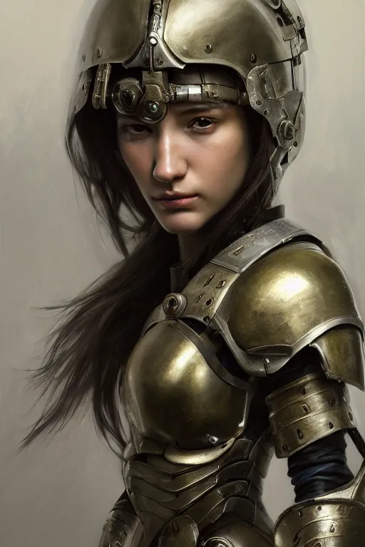 Image similar to a photorealistic painting of an attractive young girl, partially clothed in metal-plated battle armor, olive skin, long dark hair, beautiful bone structure, symmetrical face, perfect eyes, intricate, elegant, digital painting, concept art, illustration, sharp focus, minimal artifacts, from Metal Gear, in the style of Ruan Jia and Mandy Jurgens, by Greg Rutkowski, trending on Artstation, award winning