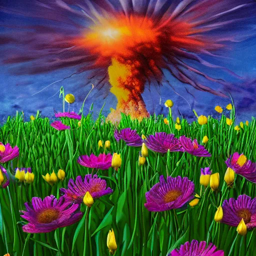 Prompt: a nuclear explosion with flowers, hyper detailed, depth of field, backlight, Super HD.