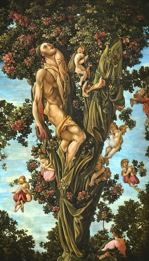 Prompt: a huge standalone maximalist hyperrealistic photorealistic tree in a city. humanoids emerging from it. seen from the distance. art nouveau rococo in the style of caravaggio and botticelli. hd 8 x matte background in vibrant vivid pastel colour textures