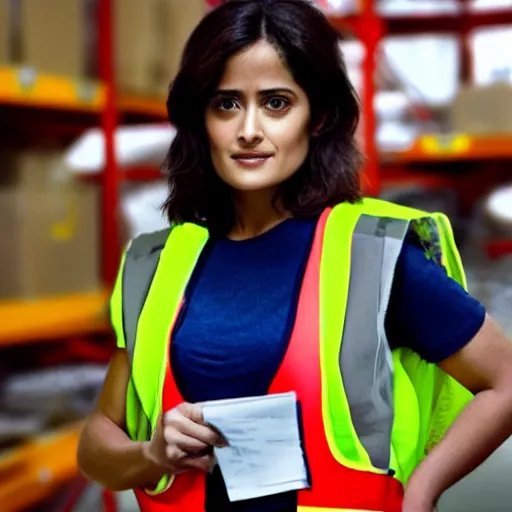 Prompt: photo, close up, salma hayek in a hi vis vest, in warehouse, android cameraphone, 2 6 mm,