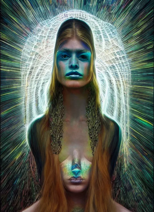 Image similar to portrait ultra dimensional cult woman shaman, accidentally tripping on dmt and acid, psychedelic experience, ascending through the fifth dimension moving at the speed of light and sitting still, portal, ultra high definition, unreal engine 5, hyperrealism, masterpiece composition, by peter kemp, casey weldon, barclay shaw