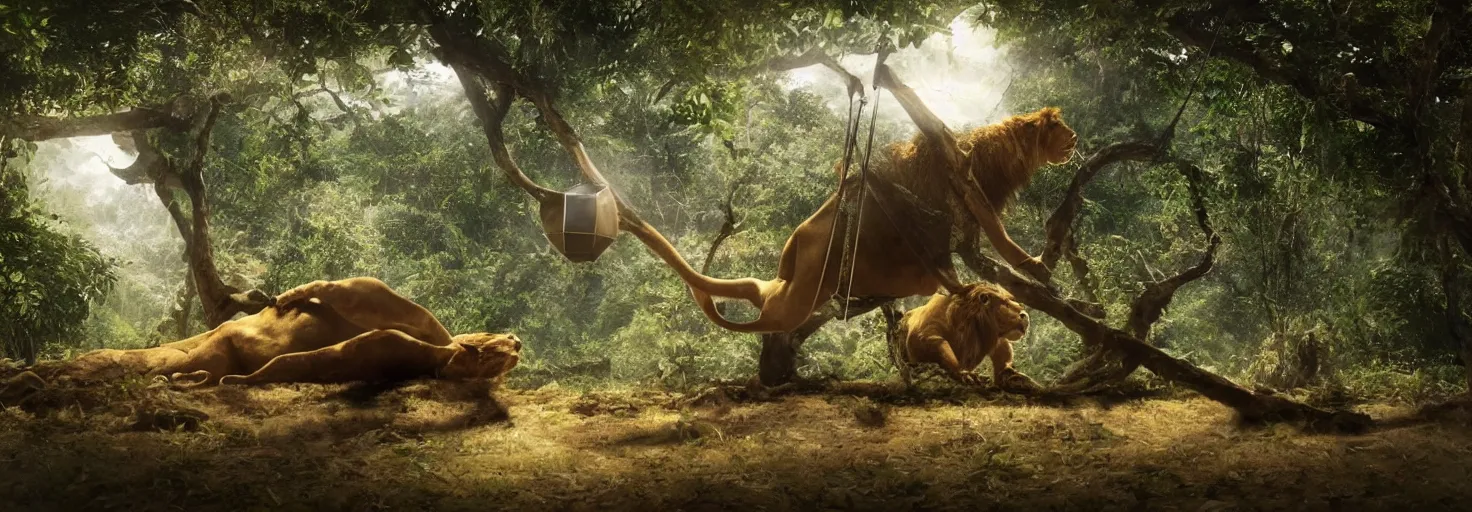 Prompt: a kinetic picture of a giant newton\'s cradle, pendulum, in the jungle, towering over a lion and a lizard, 8k, 4k, trending on artstation, surrealism, expressionist painting, unreal engine