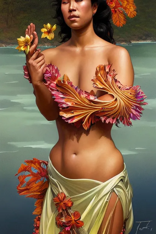 Image similar to body portrait of hawaiian queen wearing a lea, by terry o'neill intricate, elegant, highly detailed, digital painting, glistening skin, artstation, concept art, smooth, sharp focus, contrasting lighting, bright colors, dark background, illustration, art by artgerm and greg rutkowski and alphonse mucha, 8 k