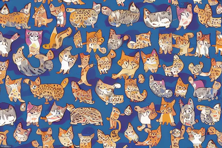 Image similar to beautiful art illustration of a group of happy cats by tony healey, highly detailed, seamless pattern, tiling