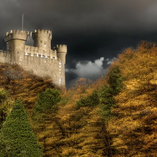 Image similar to looming castle under a cloudy sky where nary a ray escapes the god's frown