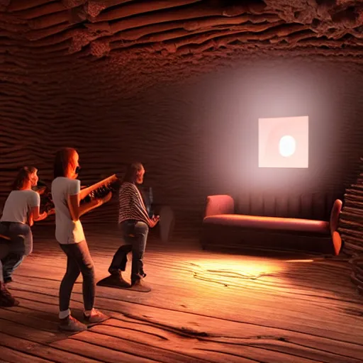 Image similar to A photorealistic wood log cave 3d music studio in with virtual people playing instruments, light rays coming out of the windows, bounce lighting, unreal engine, photorealistic