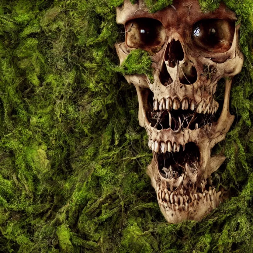 Prompt: a photo realistic zombie skeleton covered in moss and vines in the style of anti-art trending on artstation, cinematic, detailed realistic HD 8k High Resolution