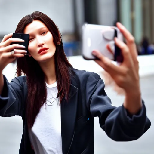 Image similar to bella hadid taking a selfie in seoul, photorealistic, dynamic light, ultra detailed