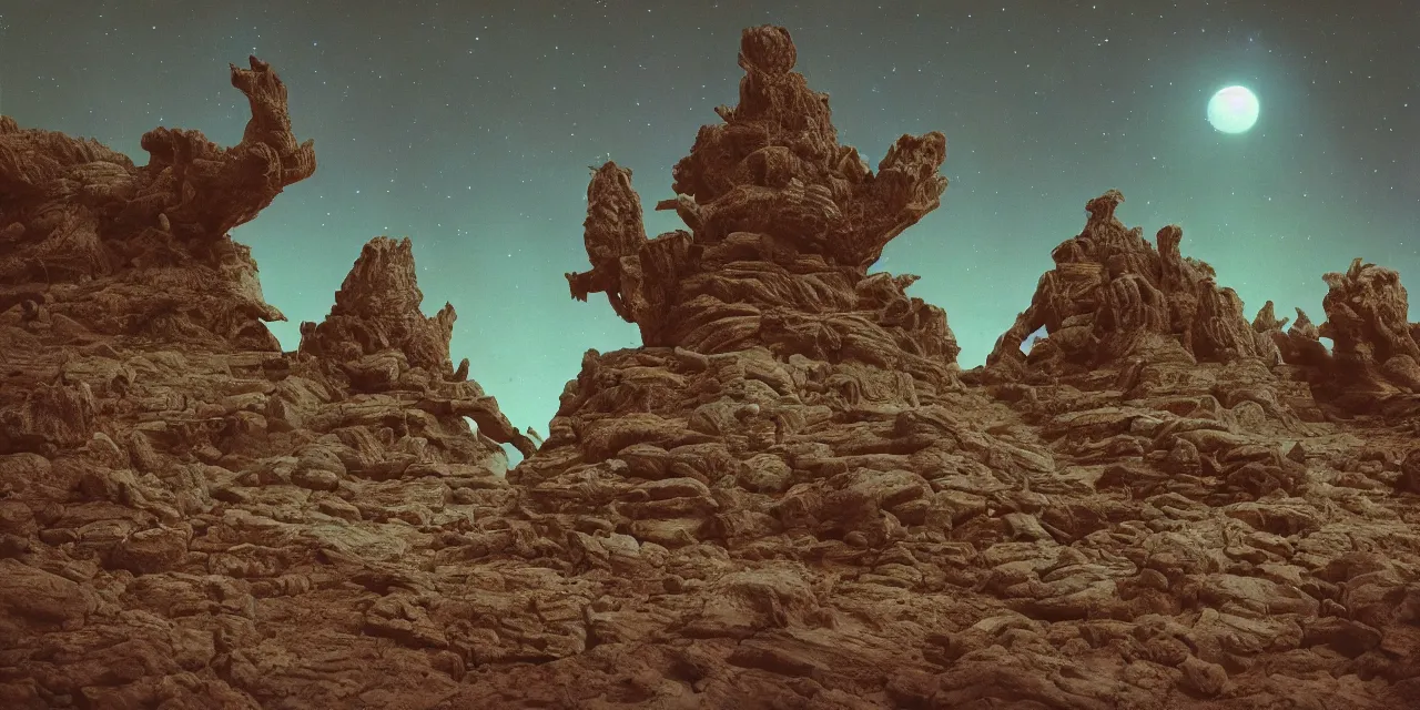 Prompt: photo of an alien temple on a surreal exoplanet, bizarre terrain, cinematic, cinestill 8 0 0 t film