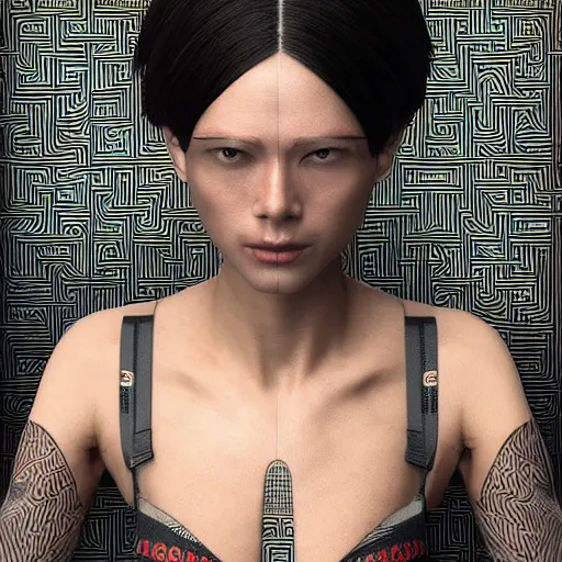 Image similar to : androgynous person with maze pattern skin all over hyper detailed art station  dalle2 contest winners unrealengine trending on artstation,cinematic, hyper realism, high detail, octane render, 8k