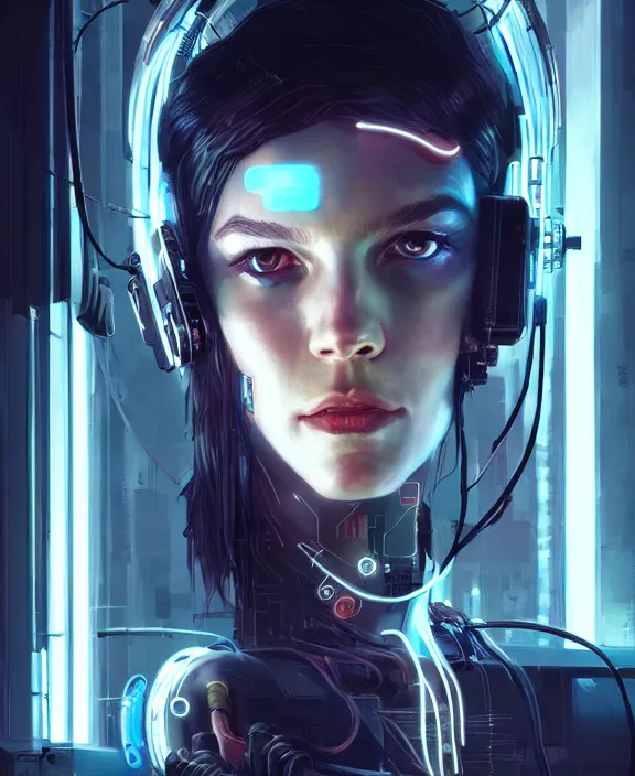 Prompt: portrait of cute cyborg woman, wires, neon lights, beautiful eyes, perfect symmetrical face, cyberpunk, highly detailed painting by jeremy mann and cd projekt red and charlie bowater and titian and artgerm