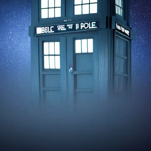 Image similar to a hyperdetailed photograph of the tardis sat on a futuristic street corner, night, dense fog, rain, hd, 8 k resolution