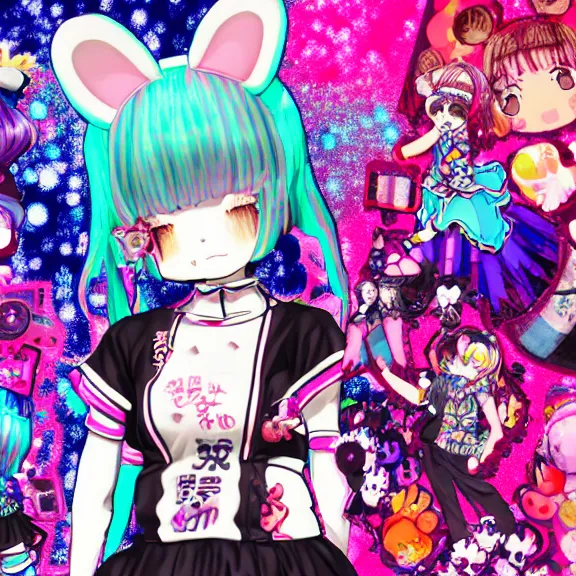 Prompt: sanrio glitchcore yokai girl, shadowverse character concept, found footage horror, glitter gif | Fatalistic (Bleak, Gloomy) | d anime decora gyaru kawaii fashion model, v tuber, darling in the frank,asuka, anime best girl, with glitch and scribble effects, psychedelic colors, 3d render octane, by wlop, wenjr, beeple, artstation,imaginefx