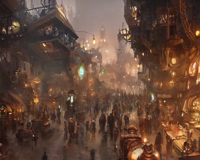 Prompt: bustling underbelly of a thriving steampunk city by james paick, trending on artstation