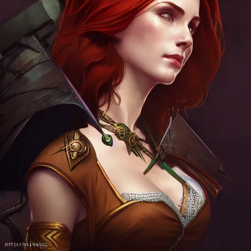 Prompt: Triss Merigold from The Witcher, D&D, fantasy, intricate, elegant, highly detailed, digital painting, artstation, concept art, matte, sharp focus, illustration, art by Artgerm and Greg Rutkowski and Alphonse Mucha