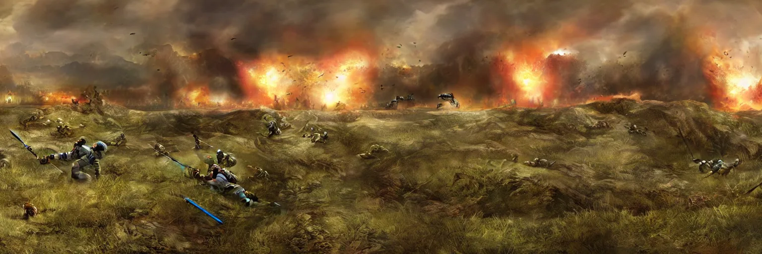 Image similar to natural looking fight landscape of ww 1 deep trenches with fortifications, soldiers fighting with aliens fro resistance game, green gas spreading across land, futuristic tank is on fire, ground explosion in the background, alien mothership in the sky, hyper realistic, highly detailed, dramatic lighting, raytarced, god rays, 4 k, 8 k, matte painting