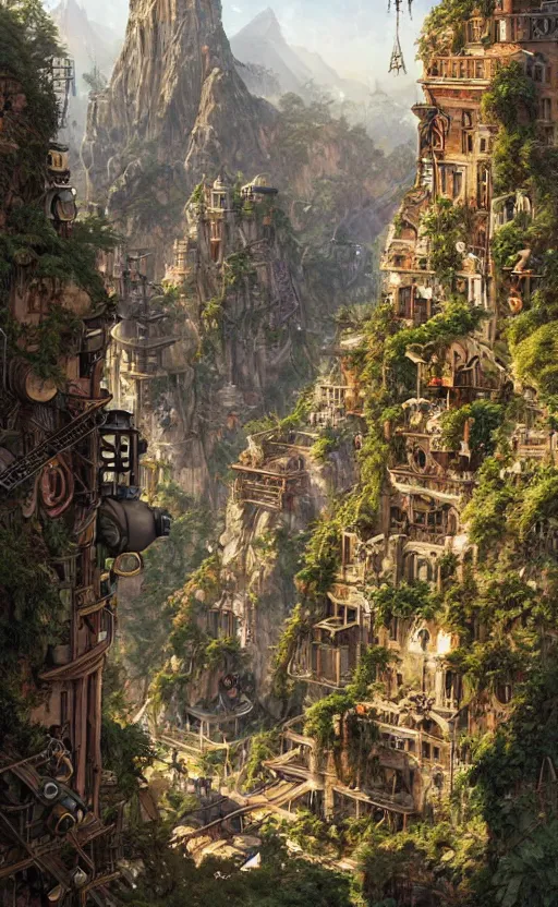 Image similar to steampunk city on a cliff, dense foliage poster art by kim jung giu and weta studio, and lucasfilm and jesper ejsing and norman rockwell greg rutkowski frank frazzeta