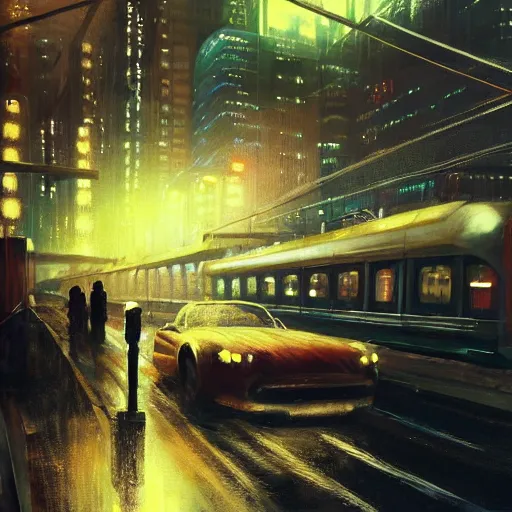 Image similar to detailed portrait of a woman, moment, cyberpunk elevated train, electronic billboards, tech noir, wet reflections, atmospheric, ambient, livia prima, greg rutkowski, edward hopper, pj crook