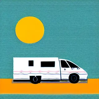 Prompt: very very very stylized minimal vector graphic of a thor chateau motorhome, mountains, highway and sunset!!, white background, dramatic, professional minimal simplified graphic design cartoon, 3 colors!!