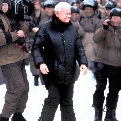 Image similar to john paul ii standing in a black puffed nuptse, black cargo pants and high black boots, summer weather