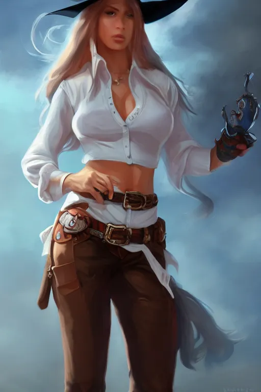 Image similar to full body, female cowgirl, perfect face, white blouse, 8 k, magic the gathering, desert, d & d, artstation, high detail, smooth, muscular