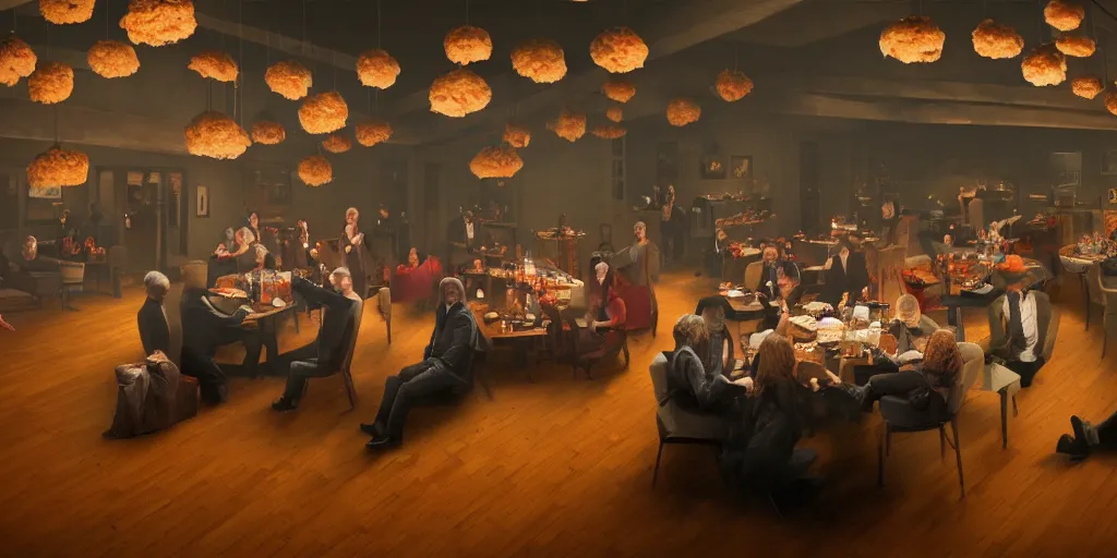 Prompt: Twin peaks but Dale Cooper is eating a pile of meatballs in the black lodge with laura palmer, Greg Rutkowski, Darek Zabrocki, Karlkka, Jayison Devadas, Phuoc Quan, trending on Artstation, 8K, ultra wide angle, pincushion lens effect.