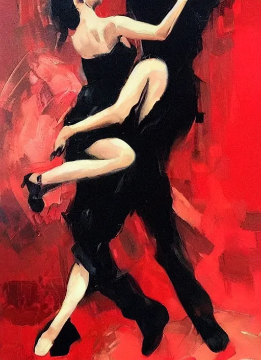 Image similar to tango dancerin in black and red dress, painting by phil hale, fransico goya,'action lines '!!!, graphic style, visible brushstrokes, motion blur, blurry, visible paint texture, crisp hd image