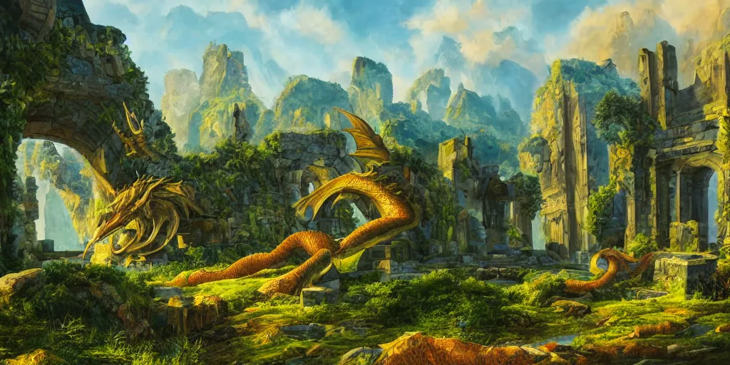 Image similar to Colossal dragon rests over the ruins of a monumental ancient capitol ruin, columns and old stonework, overgrown, overabundance of vegetation, cliffside, distant water, distant mountains, day break, oil painting, blue green yellow color scheme, very detailed oil painting