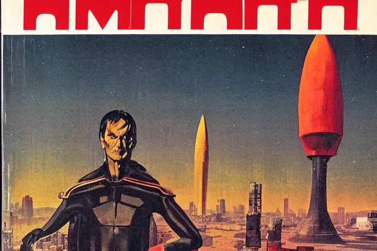 Prompt: 1979 OMNI Magazine Cover depicting a tall creepy man standing in a lair. Cyberpunk Akira style by Vincent Di Fate