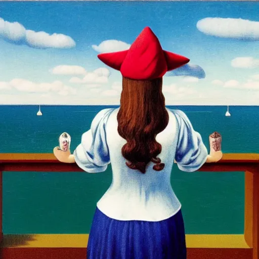 Prompt: A girl with jester hat and clothes on the front of a Balustrade with a beach on the background, major arcana cards, by Rene Magritte, hyperrealistic